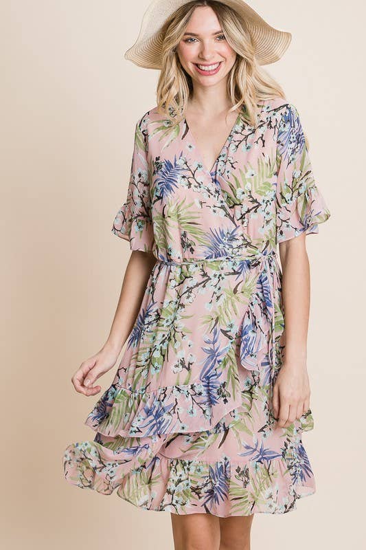 Chiffon Ruffle Hem Floral Wrap Dress
