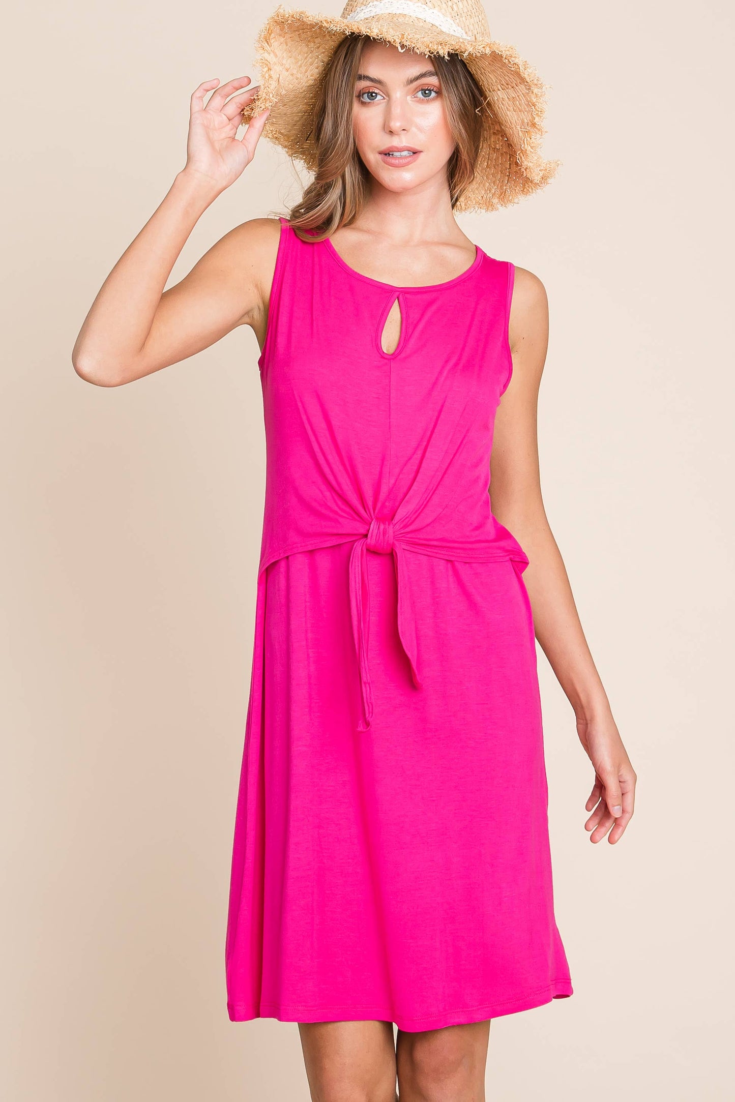 Hot Pink Tie Front Jersey Dress