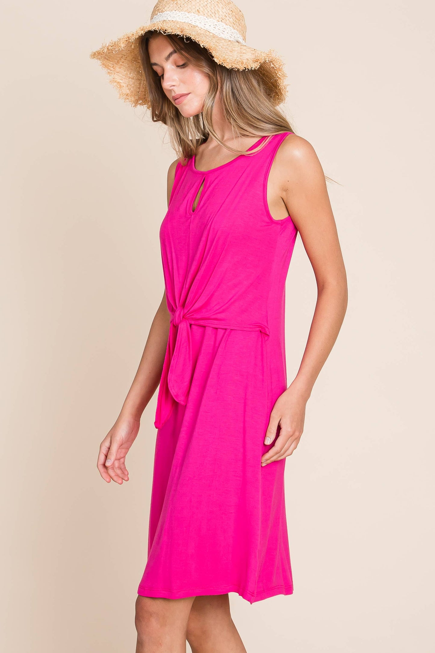Hot Pink Tie Front Jersey Dress