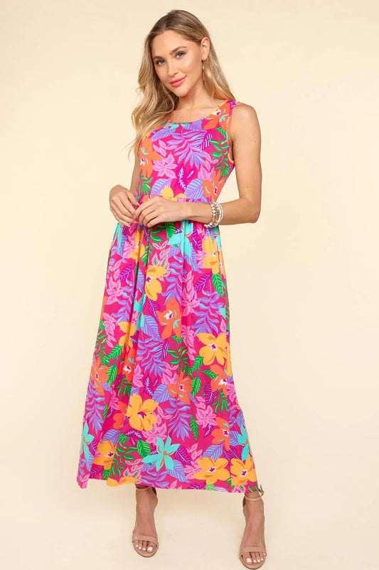 PLUS Fuchsia Tropical Floral Maxi Dress