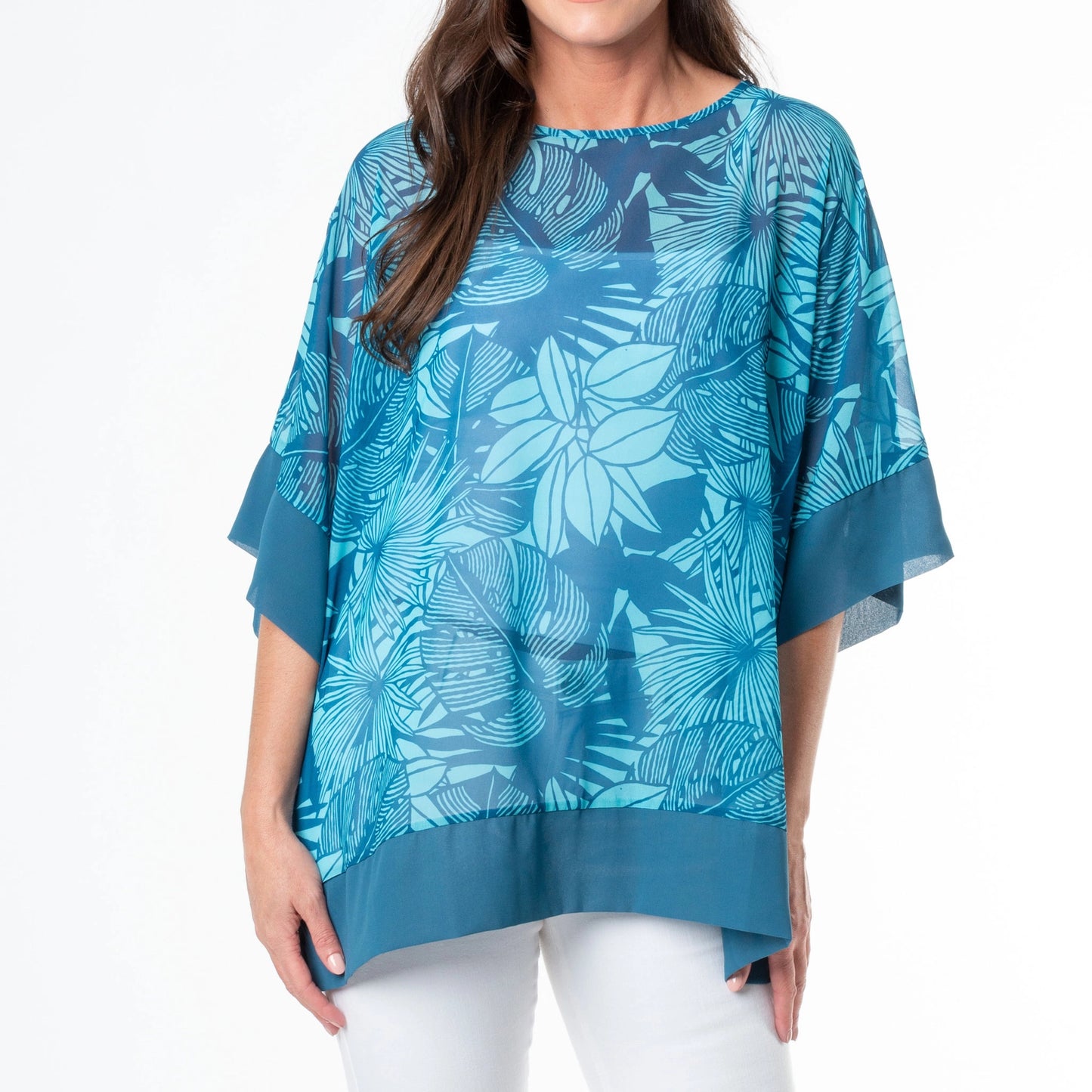 Lexi - Tropical Blue Palm Sheer Tunic Blouse