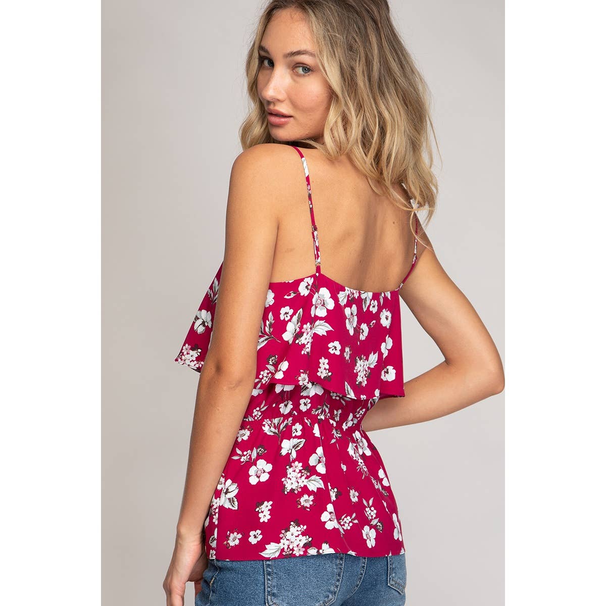 Raspberry Ruffle Top With Elasticized Drawstring Waist