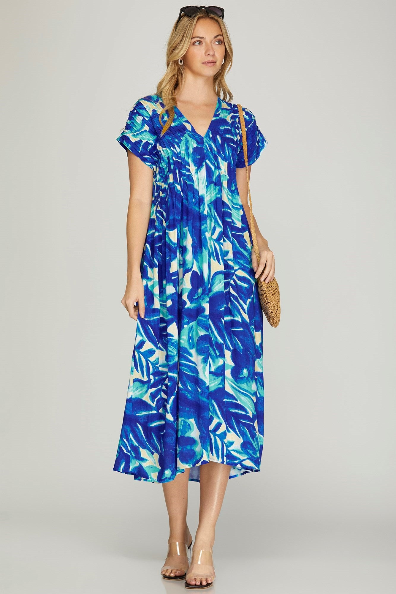 Tropical Print Dropsleeve Pintuck Dress