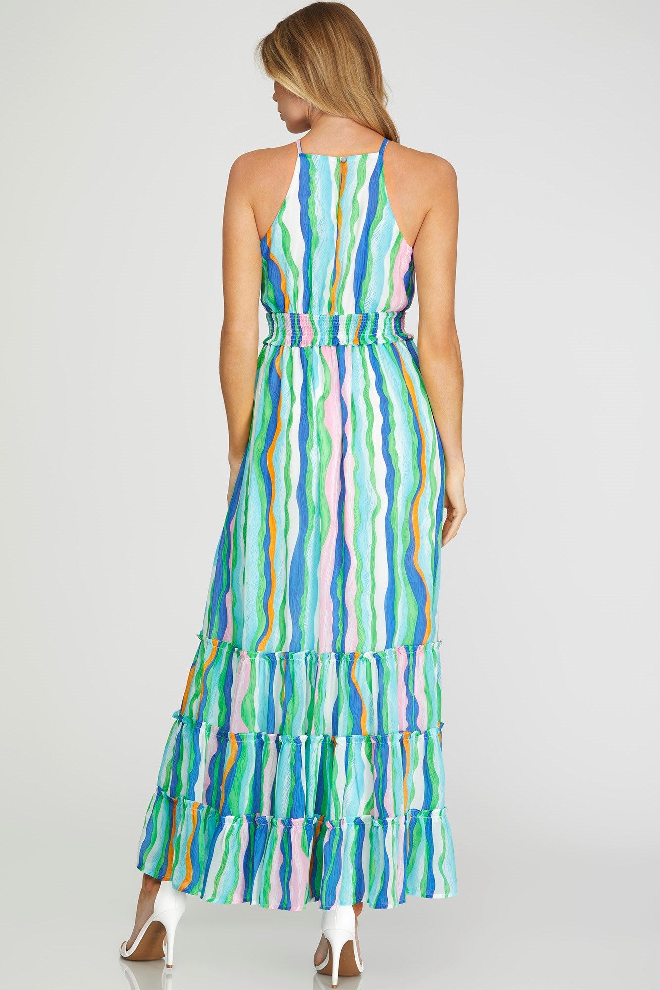 Wave Print Sleeveless Tiered Dress