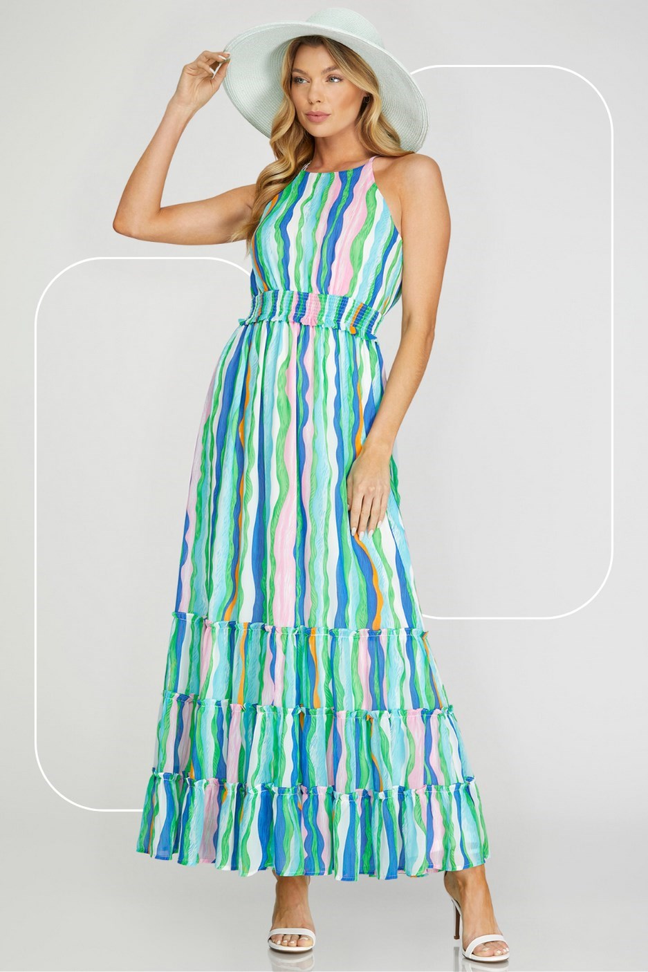 Wave Print Sleeveless Tiered Dress