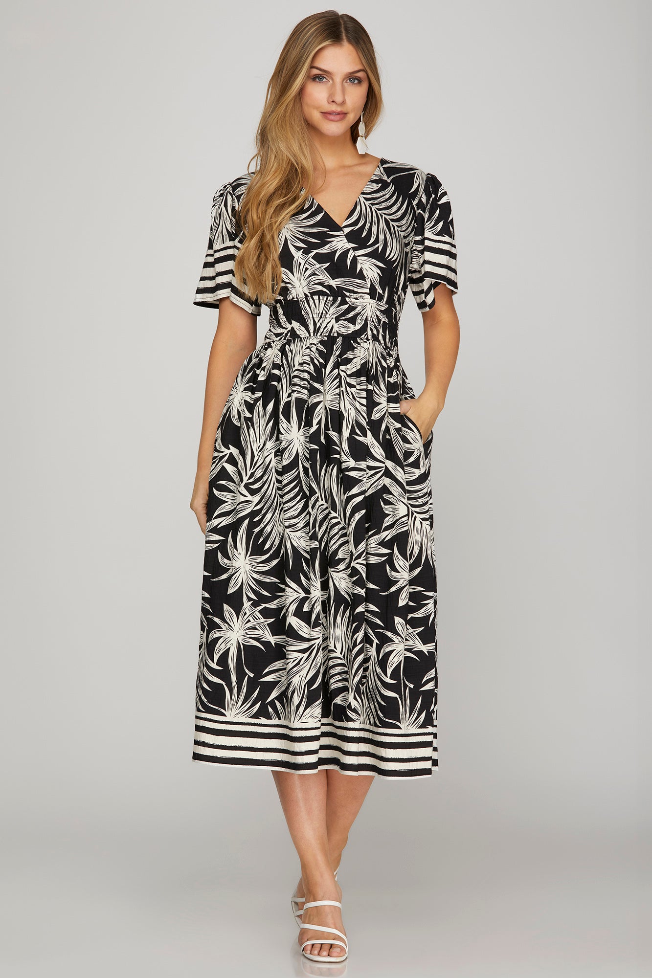 Palm Leaf Print Midi Dress