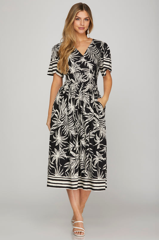 Palm Leaf Print Midi Dress