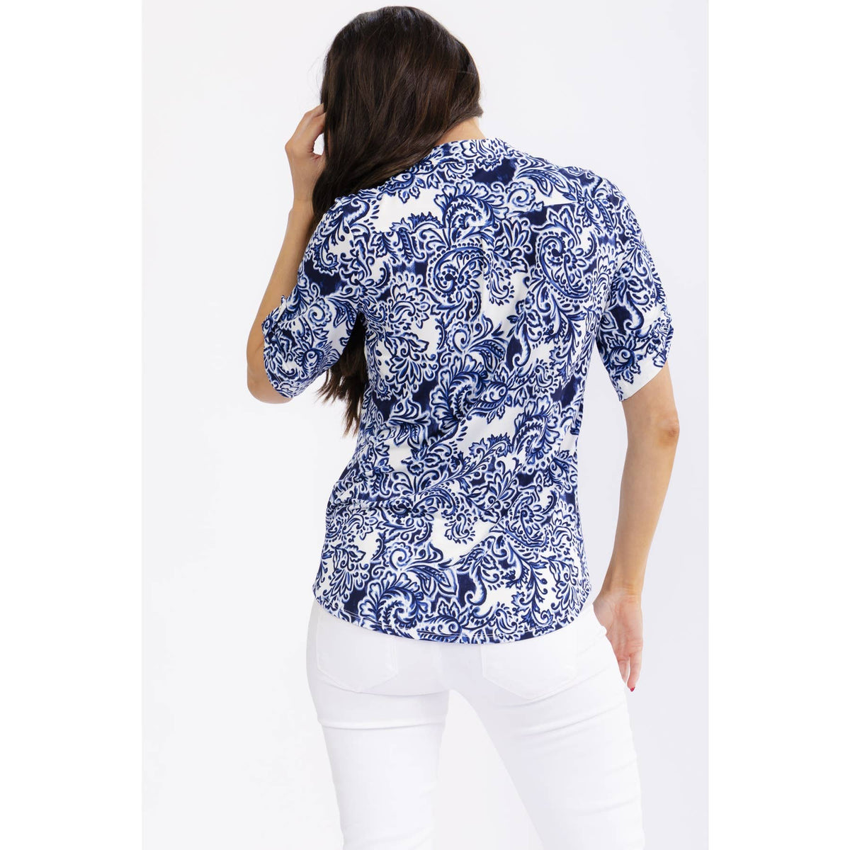 Navy Blue & White Paisley Print Blouse