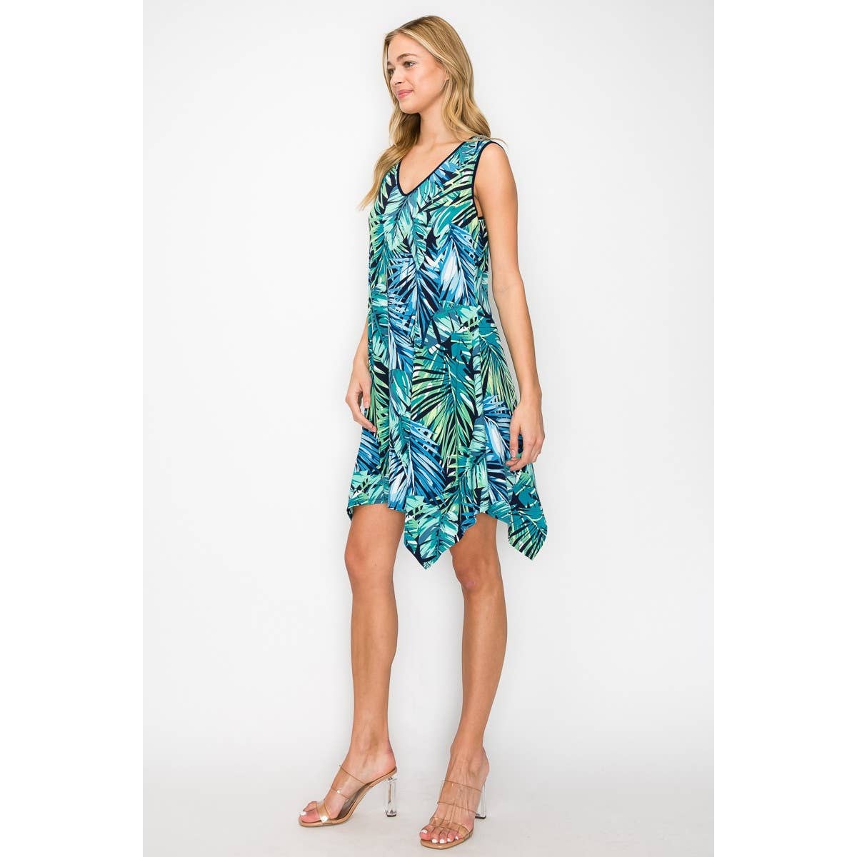 Tropical Leaf Printed Criss Cross Back Detail Sleeveless Dress