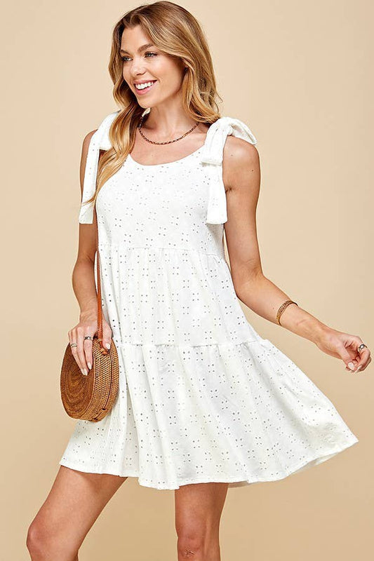 EYELET TIERED MINI DRESS WITH RIBBON TIE