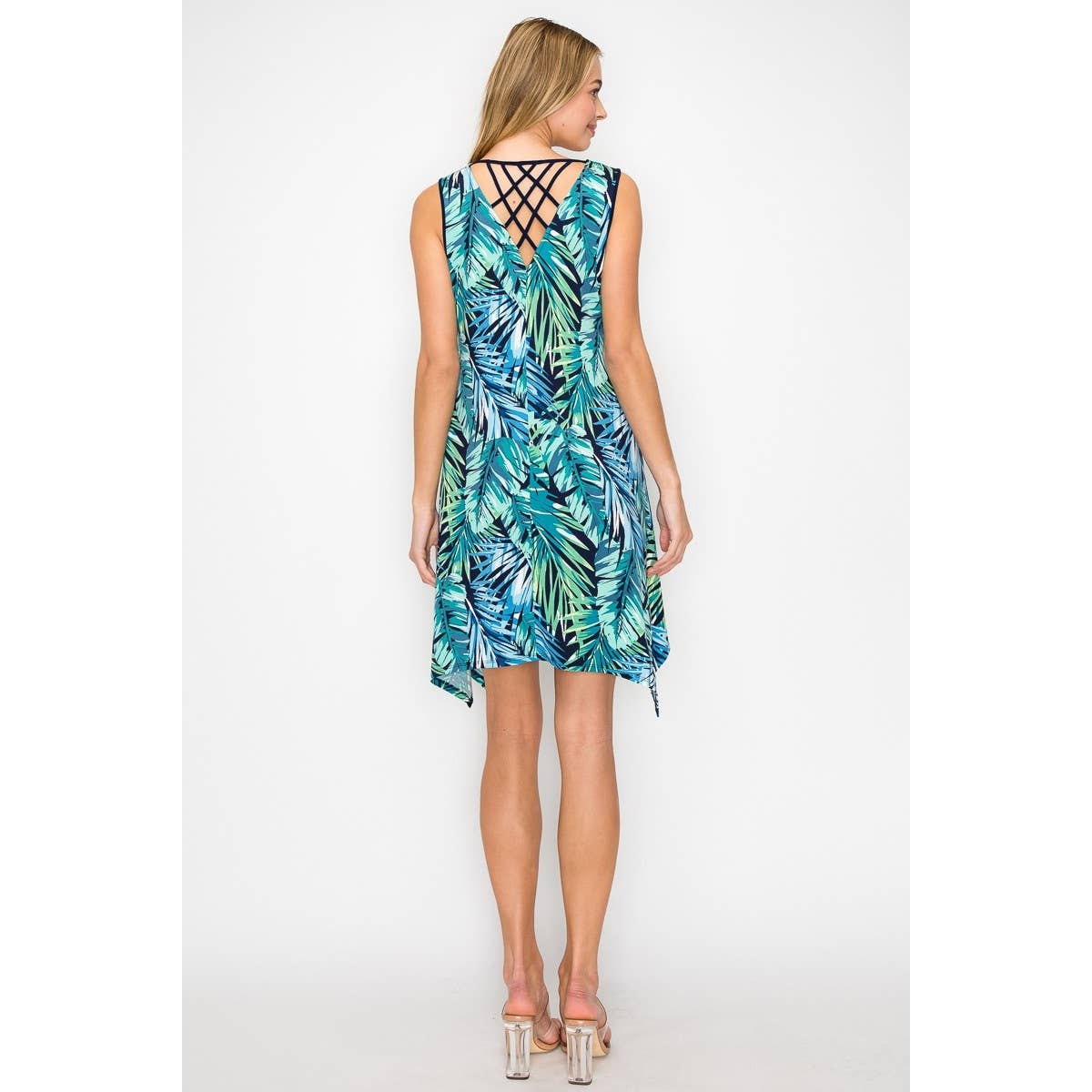 Tropical Leaf Printed Criss Cross Back Detail Sleeveless Dress