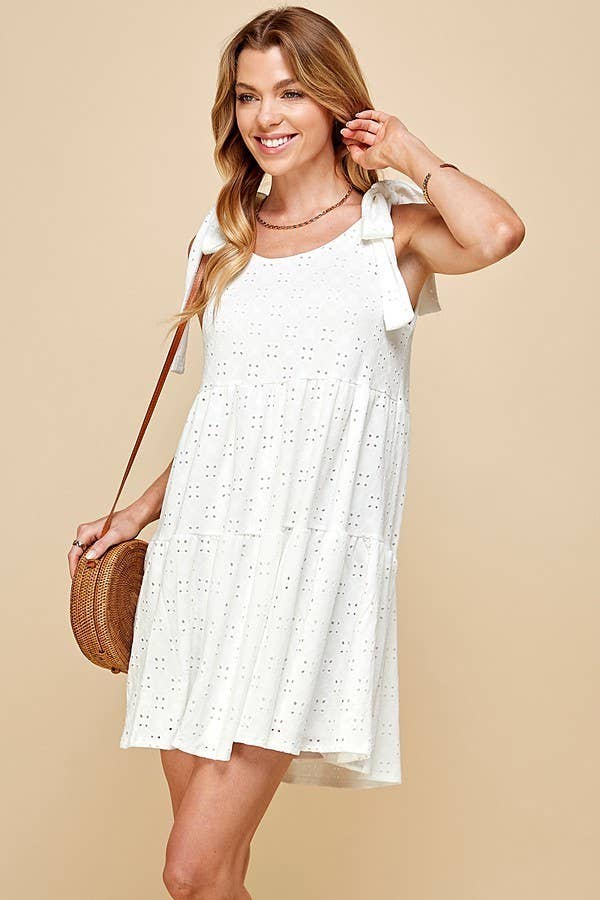 EYELET TIERED MINI DRESS WITH RIBBON TIE