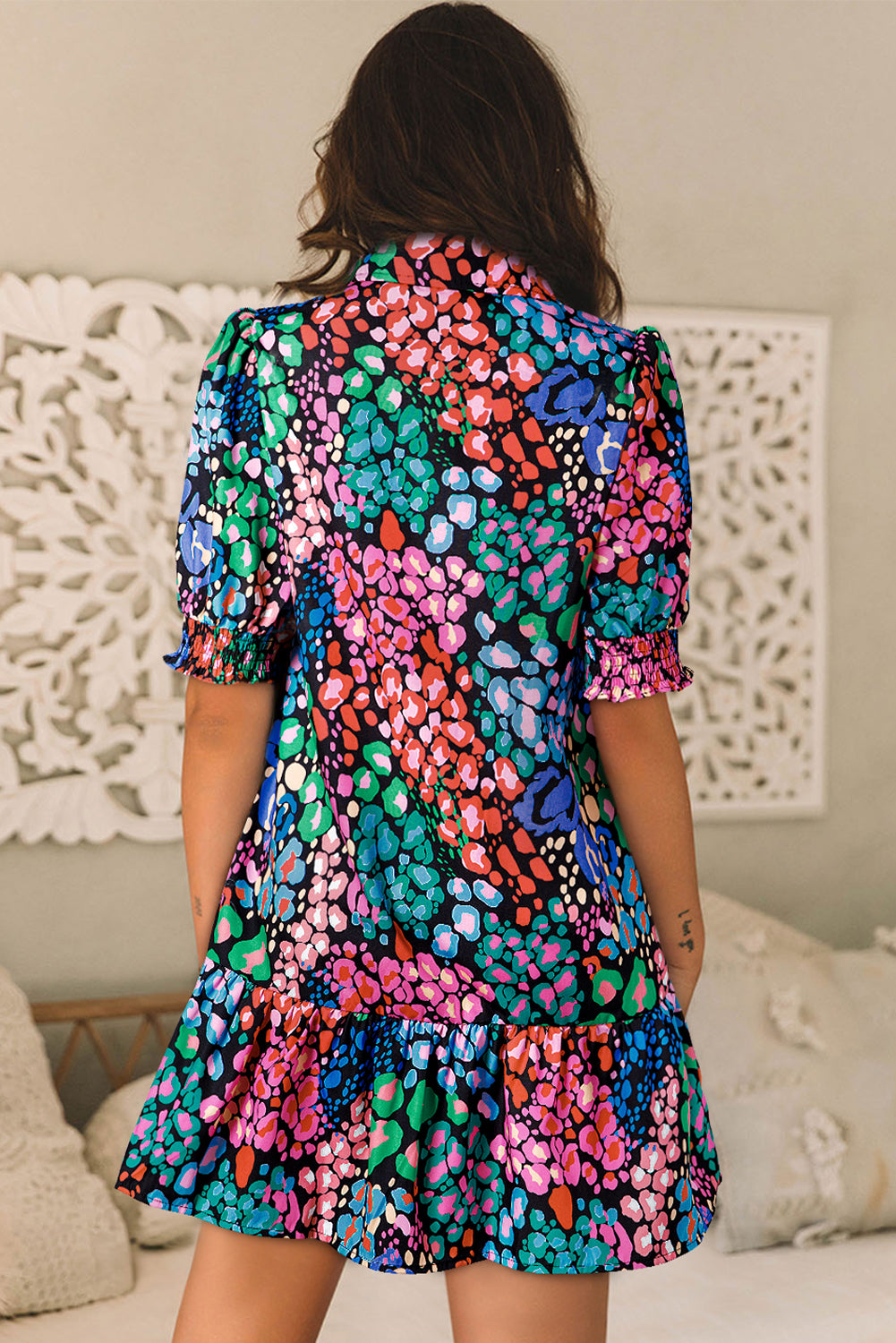 Abstract print Smocked Sleeve Dress