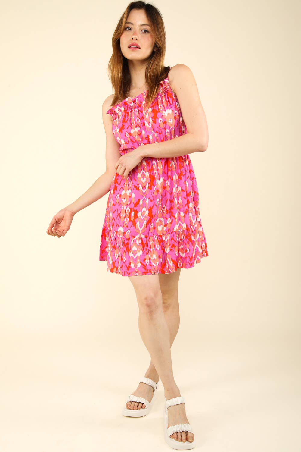 Hot Pink Print Ruffle Hem Mini Dress
