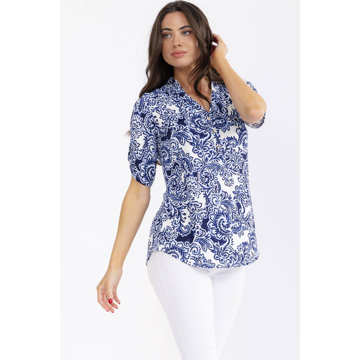 Navy Blue & White Paisley Print Blouse