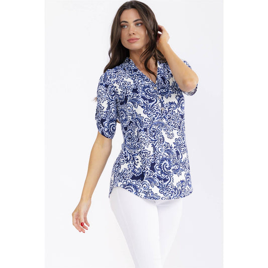 Navy Blue & White Paisley Print Blouse