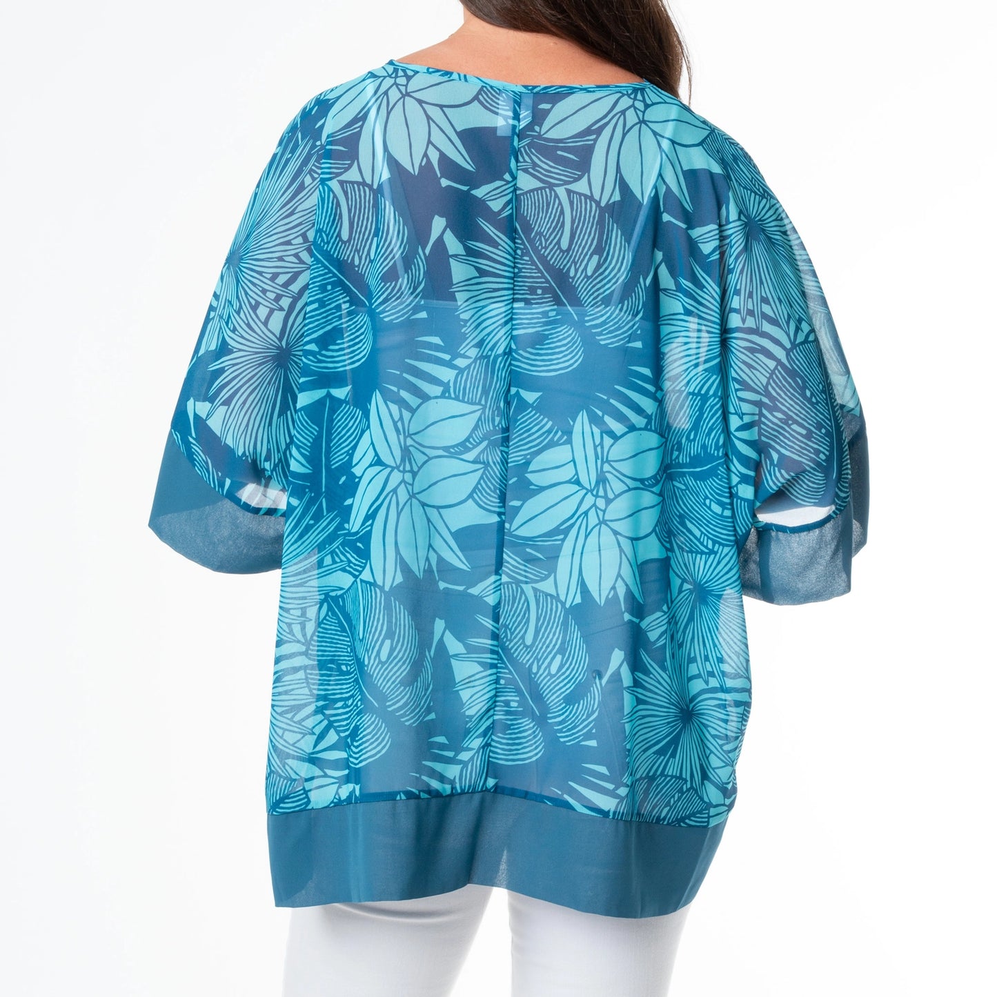 Lexi - Tropical Blue Palm Sheer Tunic Blouse