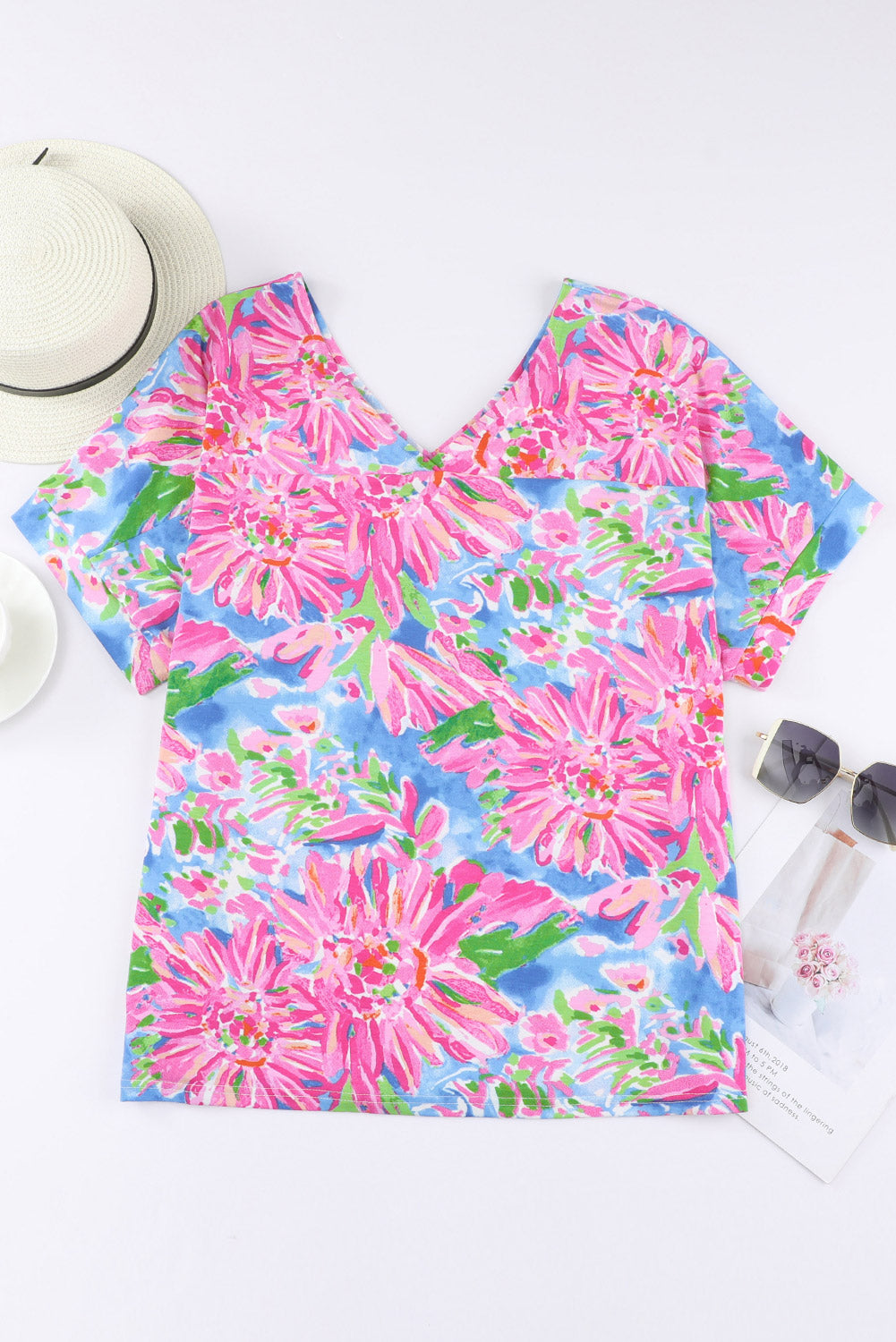 Pink Floral Print Loose Fit V-Neck T Shirt