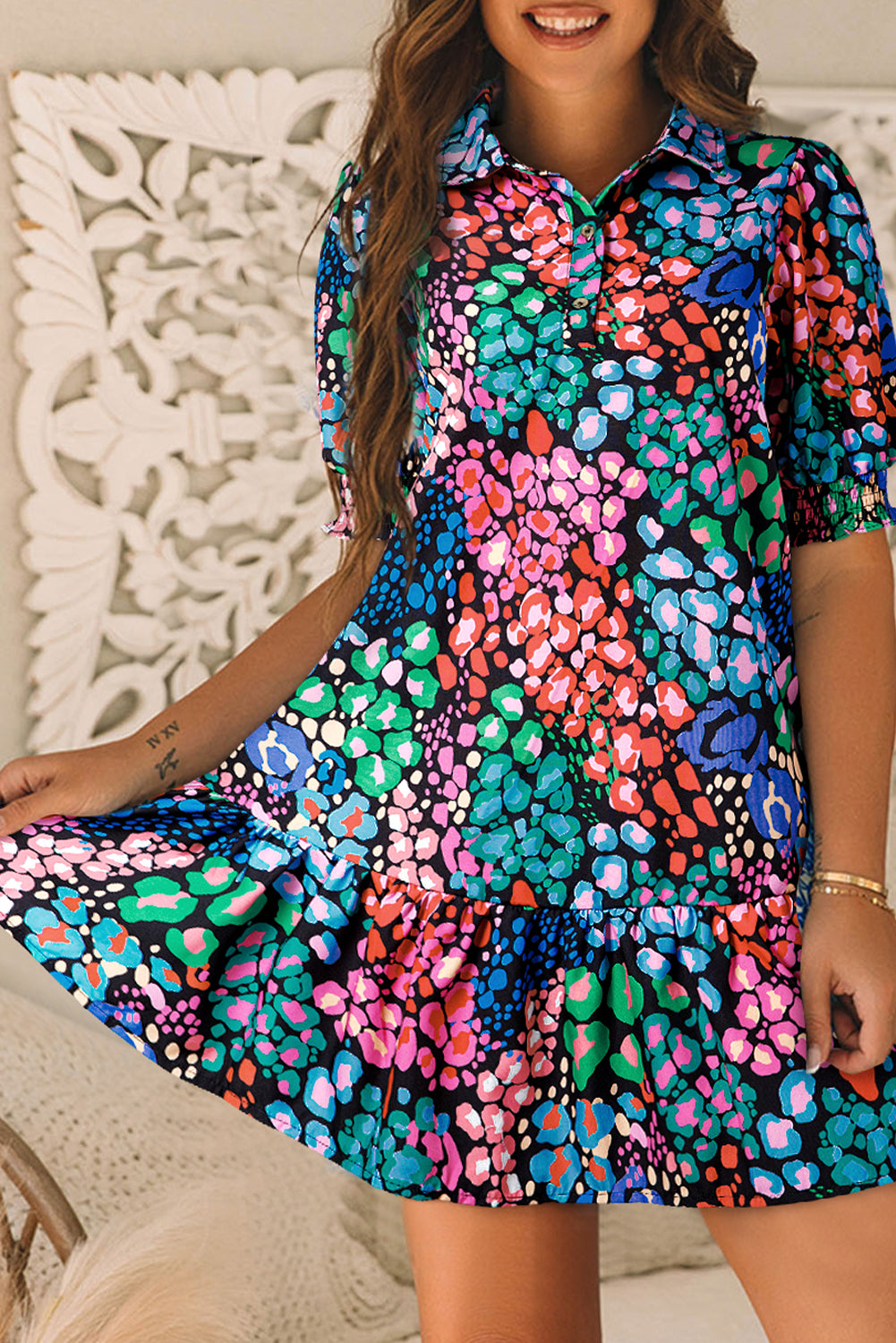 Abstract print Smocked Sleeve Dress