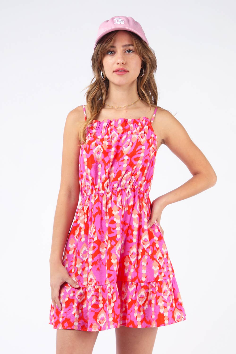 Hot Pink Print Ruffle Hem Mini Dress