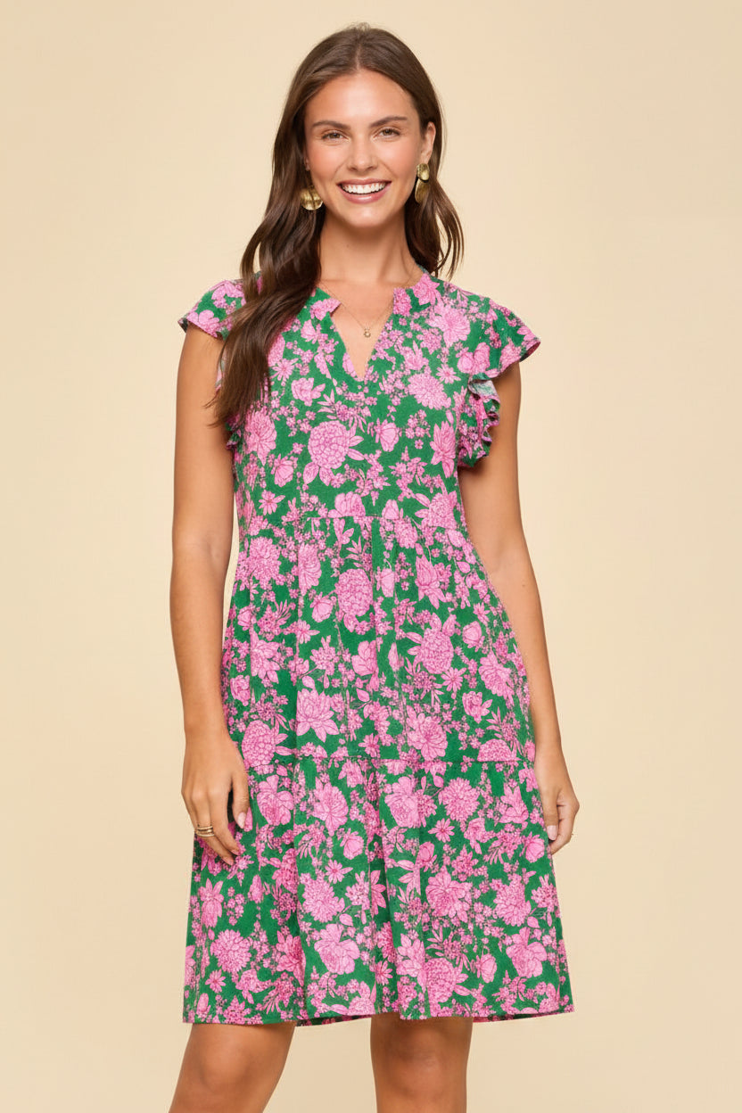Pink & Green Floral Comfort Tiered Lizzy Dress